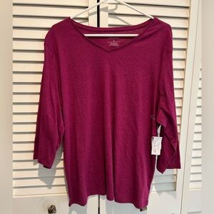 CJ Banks Women's Long Sleeve V-Neck Top in a burgandy color.